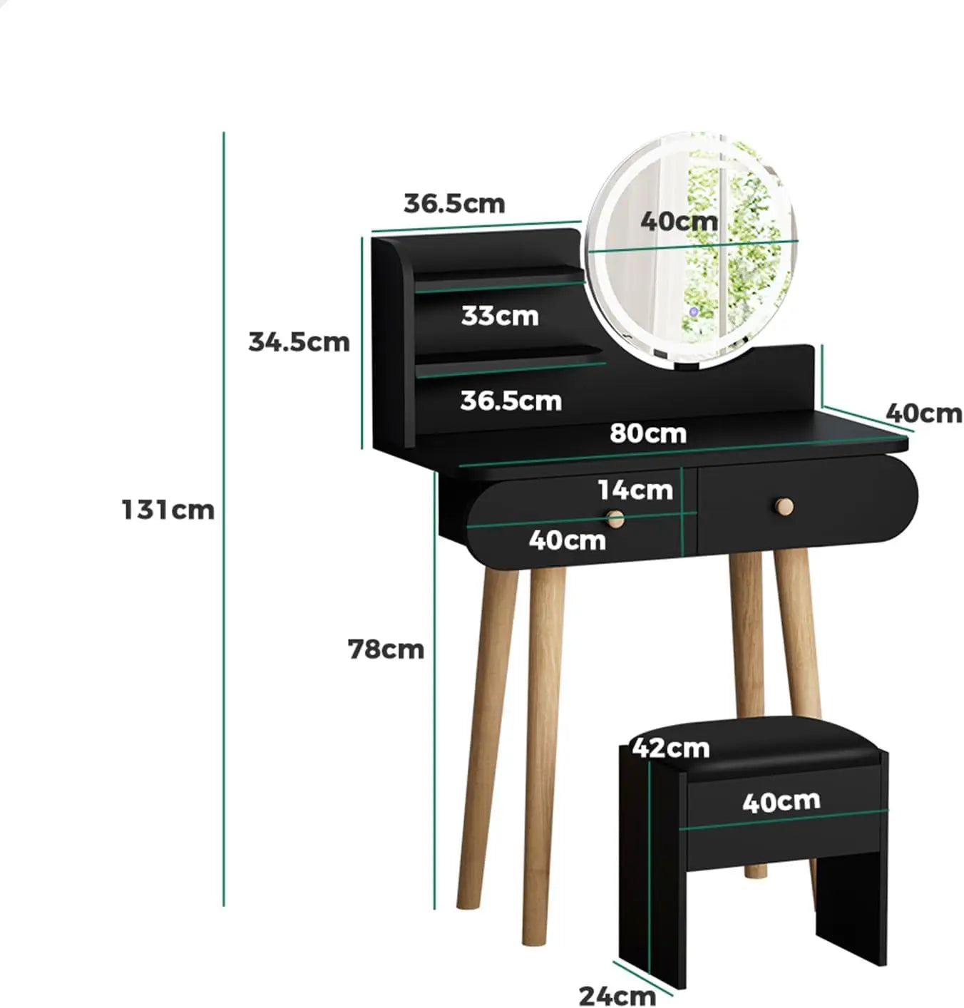 Nutshell black dressing table and stool set with round mirror two drawers wooden tapered legs