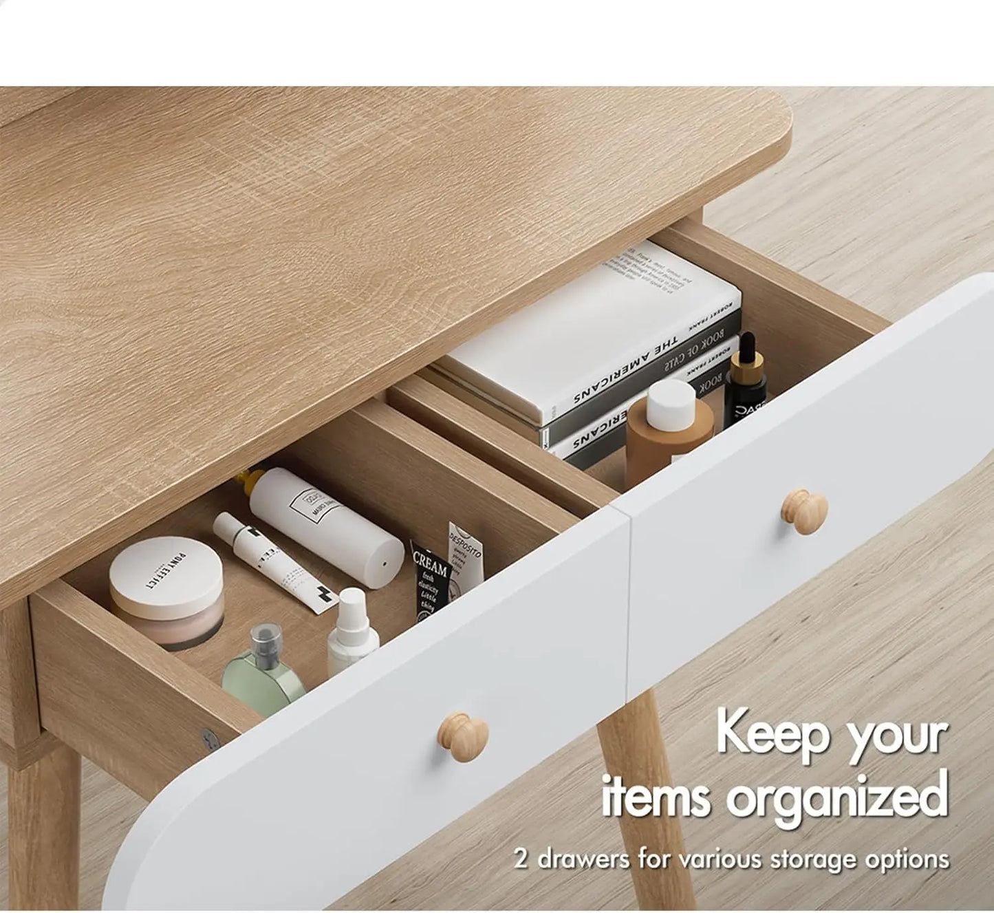 Nutshell dressing table and stool set with natural wood top white drawers two storage compartments and wooden knobs