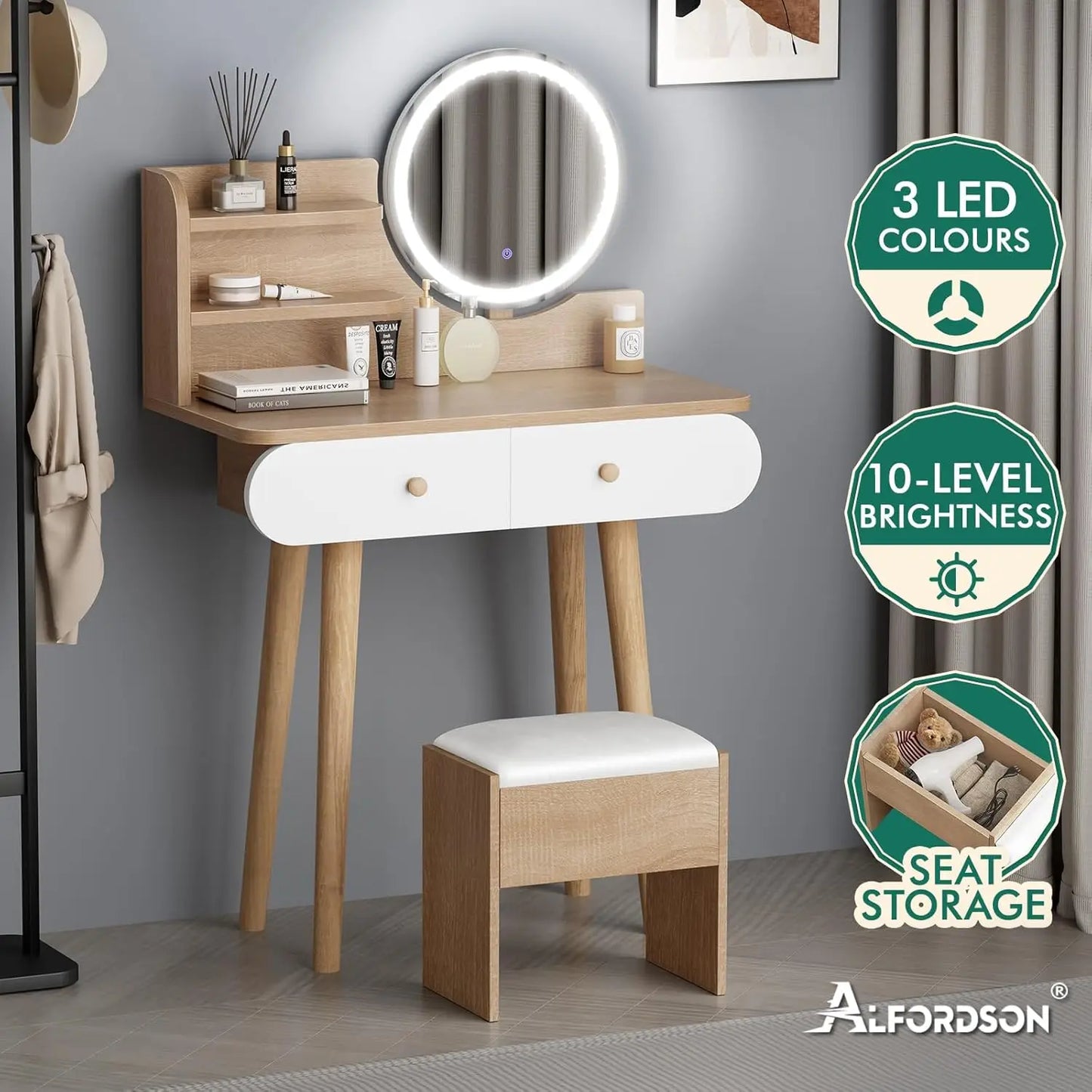 Nutshell dressing table and stool set with LED lighted round mirror natural wood and white finish and hidden seat storage