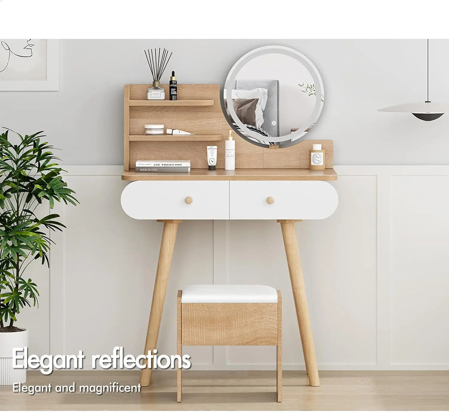 Nutshell light oak dressing table and stool set with round mirror white drawer fronts and cushioned stool