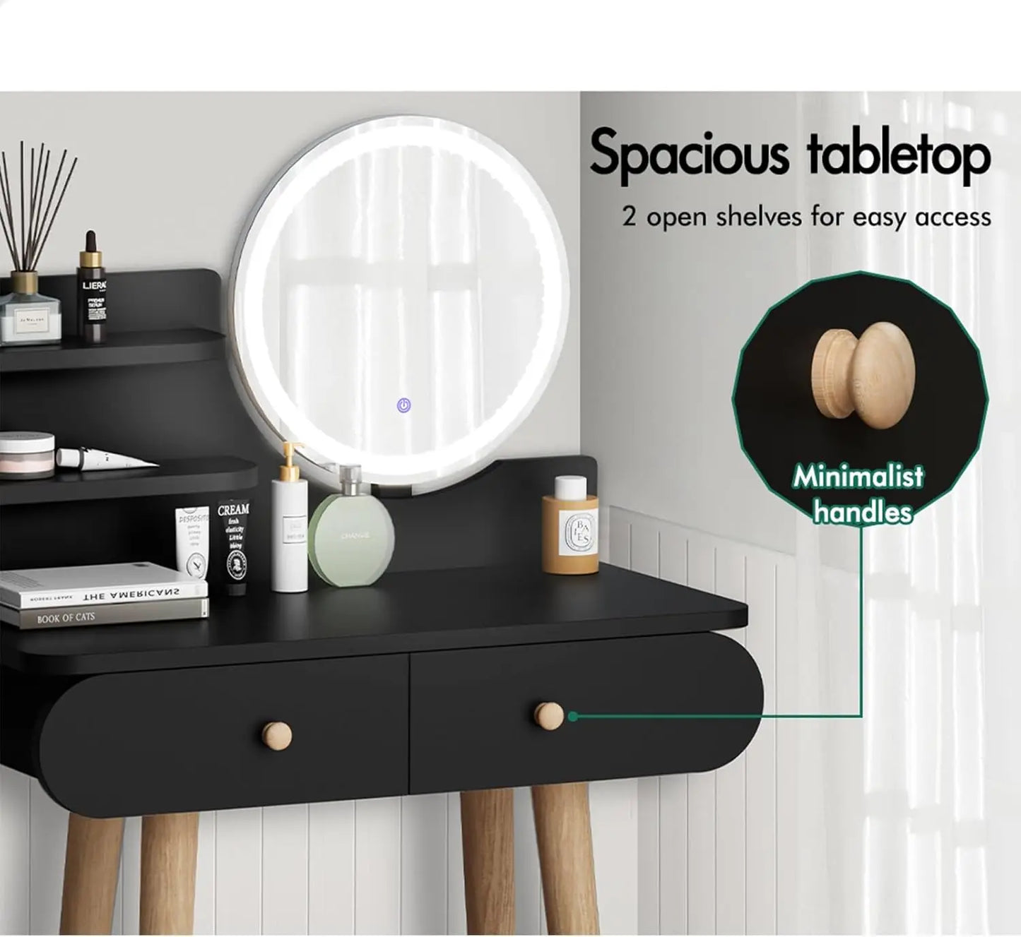 Nutshell black dressing table and stool set with lighted round mirror wooden legs two drawers and open shelves