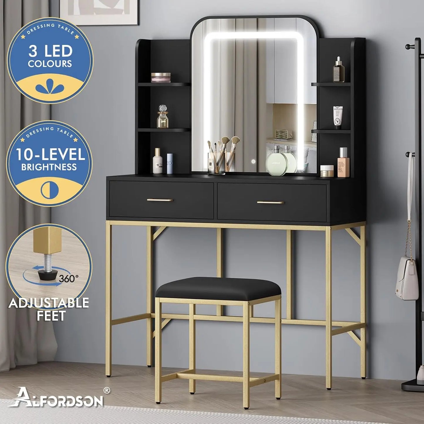 Nutshell black vanity with adjustable lighting, gold metal legs, two drawers, shelves and padded stool