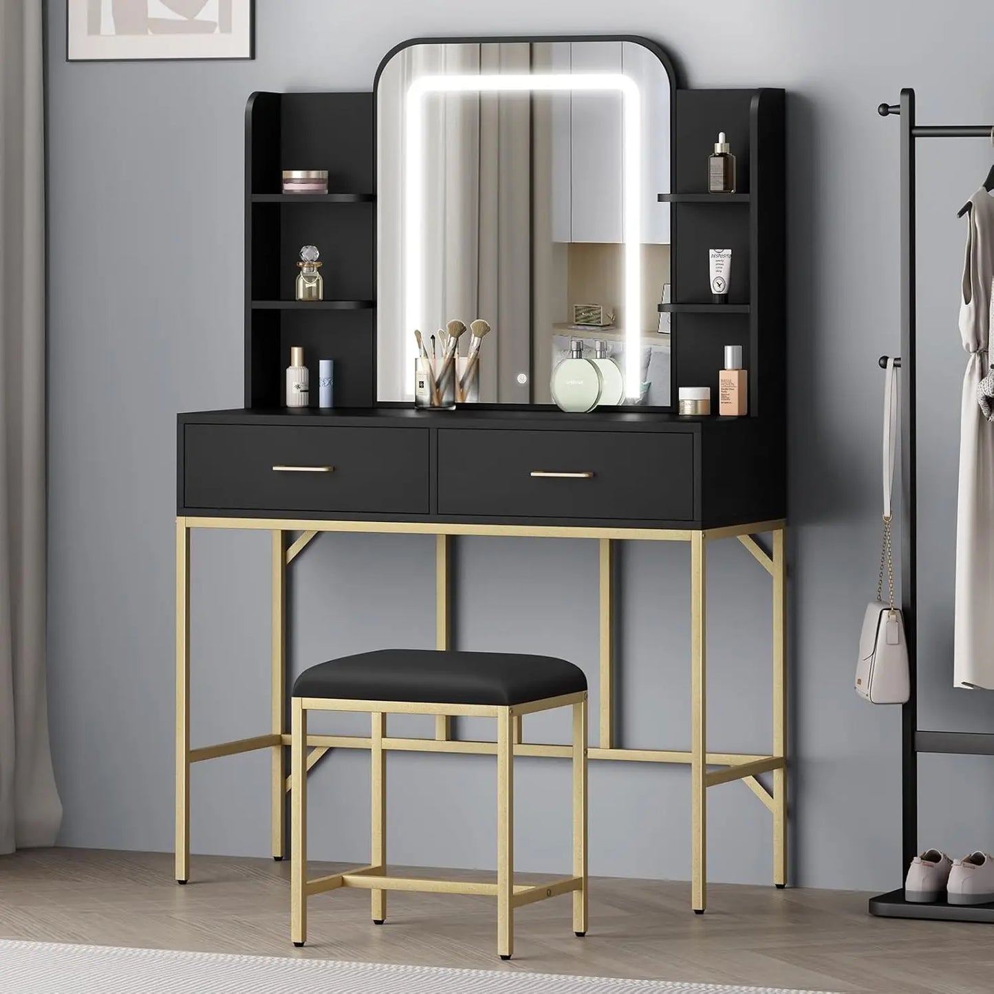 Nutshell black vanity with adjustable lighting LED mirror gold metal legs drawers and matching stool for makeup