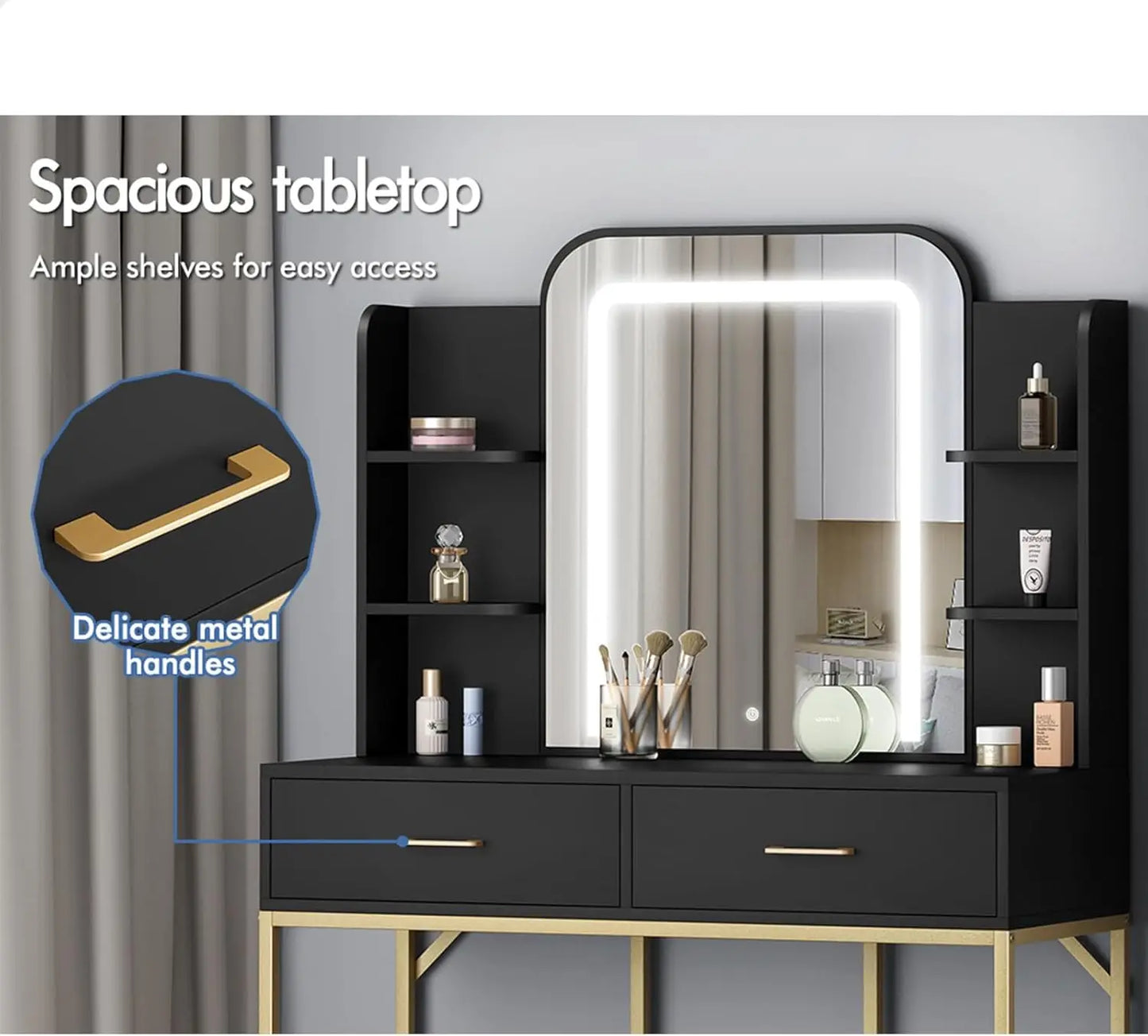 Nutshell black vanity with adjustable lighting and mirror gold legs drawers and shelving for makeup