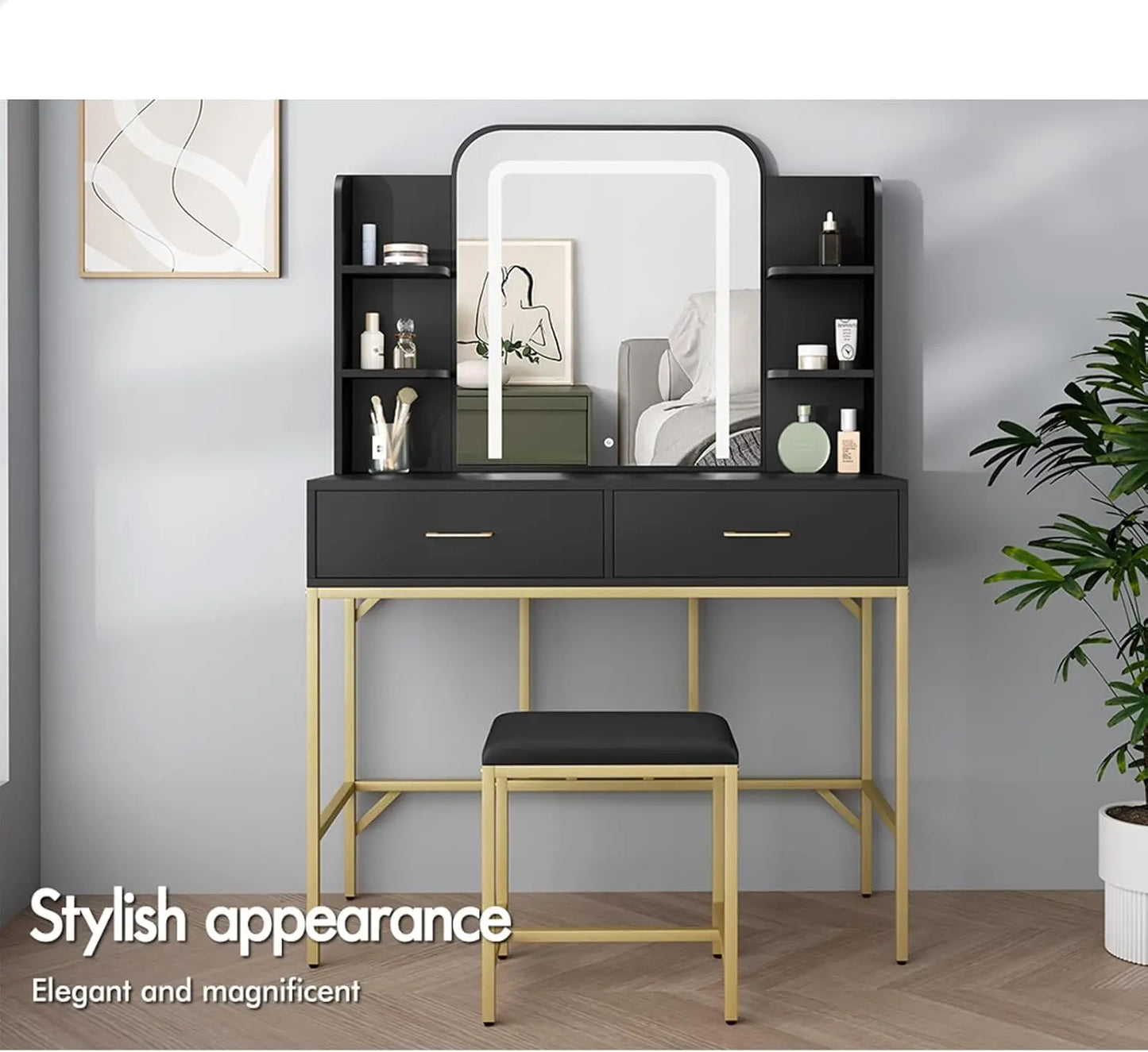 Nutshell black vanity with adjustable lighting gold metal frame two drawers open shelves and matching stool for makeup