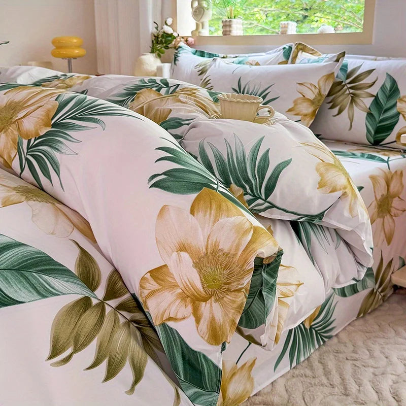 Nutshell all season duvet cover set with large yellow flowers and green leaves on white background