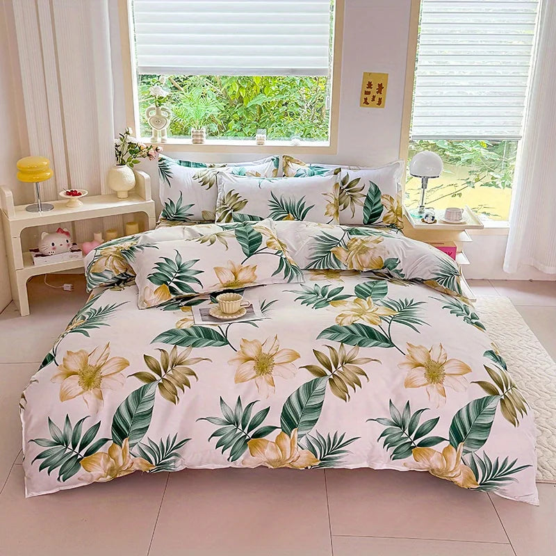 Nutshell floral all season duvet cover set with tropical green leaves and yellow flowers on bed