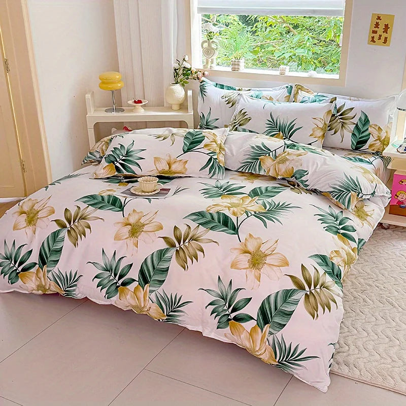 Nutshell all season duvet cover set with tropical leaf and flower design on bed in bright room