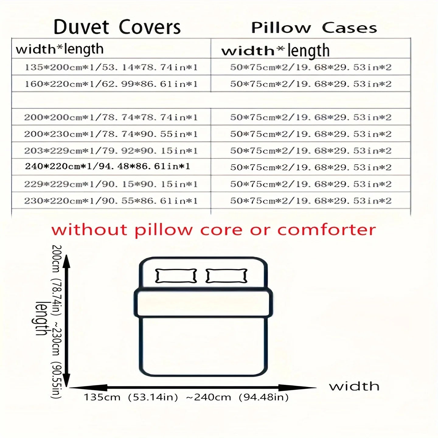 Nutshell all season duvet cover set size chart with dimensions for duvet covers and pillow cases
