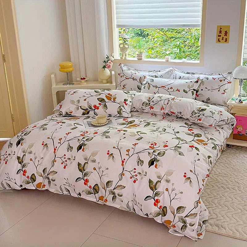 Nutshell all season duvet cover set with floral berry pattern on white bedding in a cozy bedroom