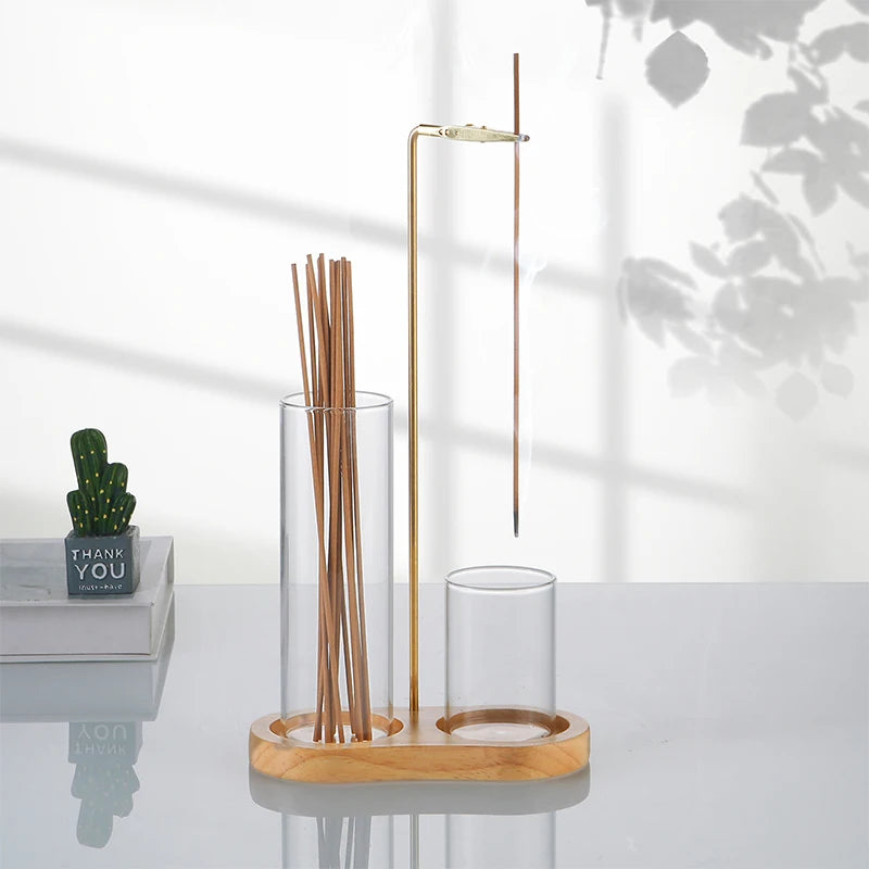 Nutshell anti-ash incense holder with storage featuring wooden base and glass compartments for sticks