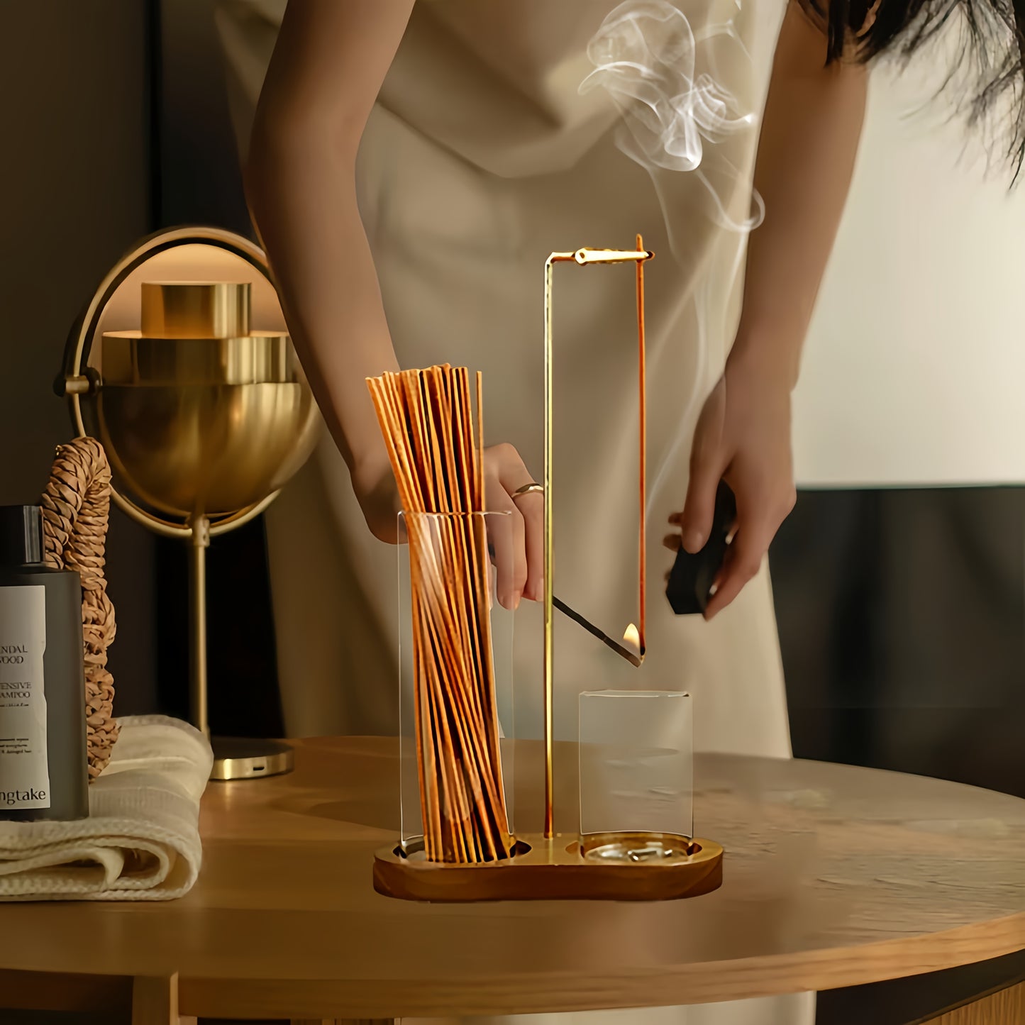 Nutshell anti-ash incense holder with storage, featuring elegant design and smoke rising from incense sticks