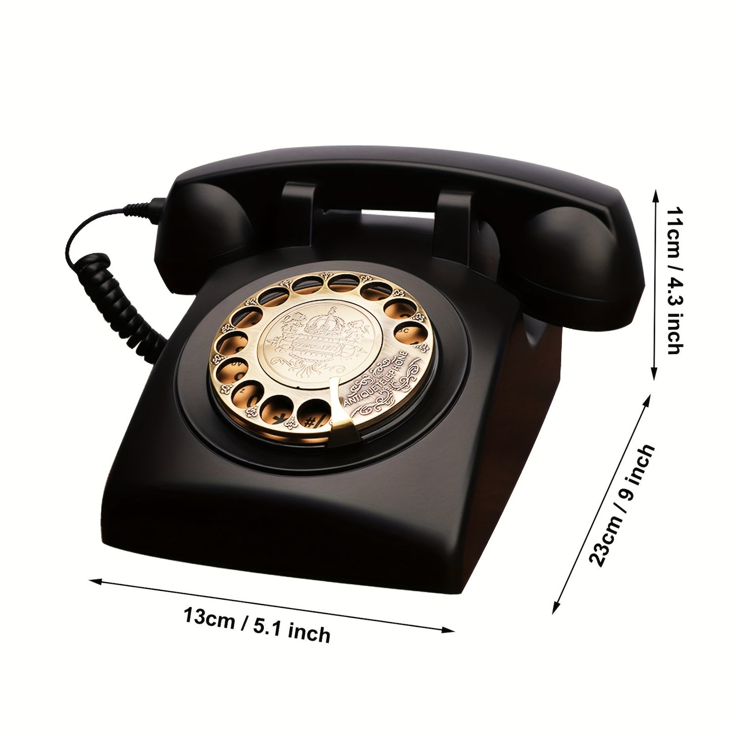 Nutshell Antique Corded Landline Phone - 1930s Rotary Dial in Black with Gold Accents for Vintage Decor