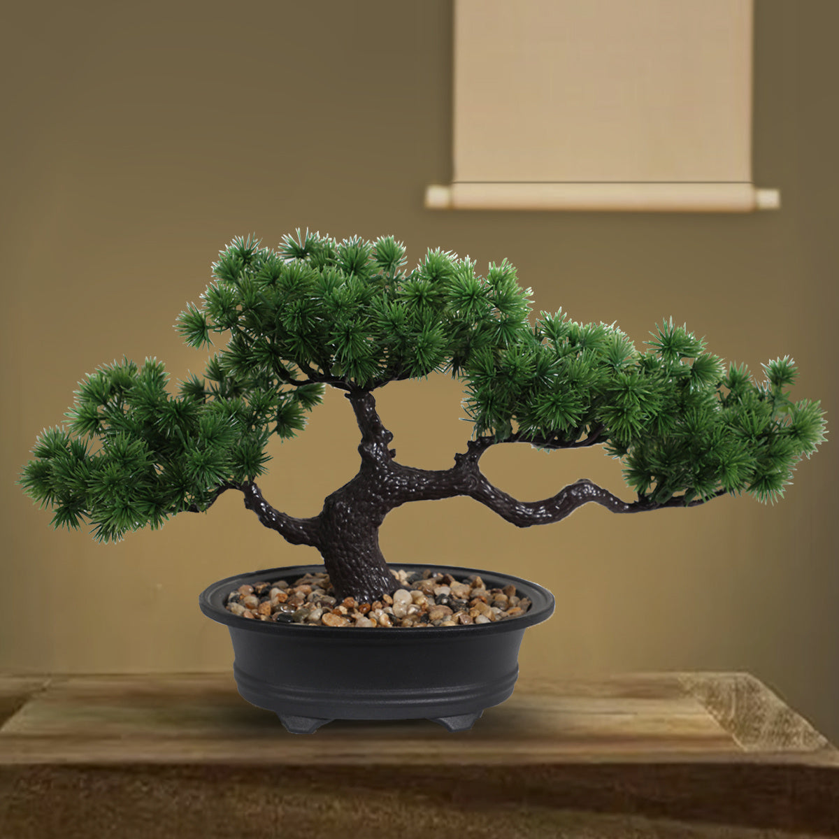 Artificial Bonsai Tabletop Decor in a black pot with realistic greenery and decorative stones