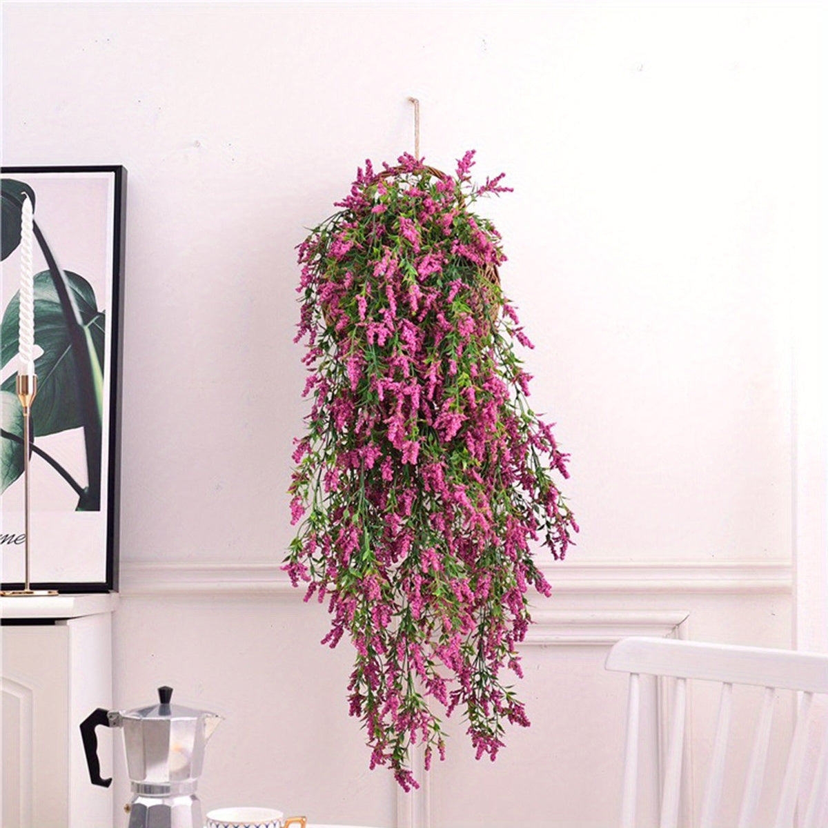 Artificial lavender hanging plants in vibrant shades of purple for home decor and indoor greenery.