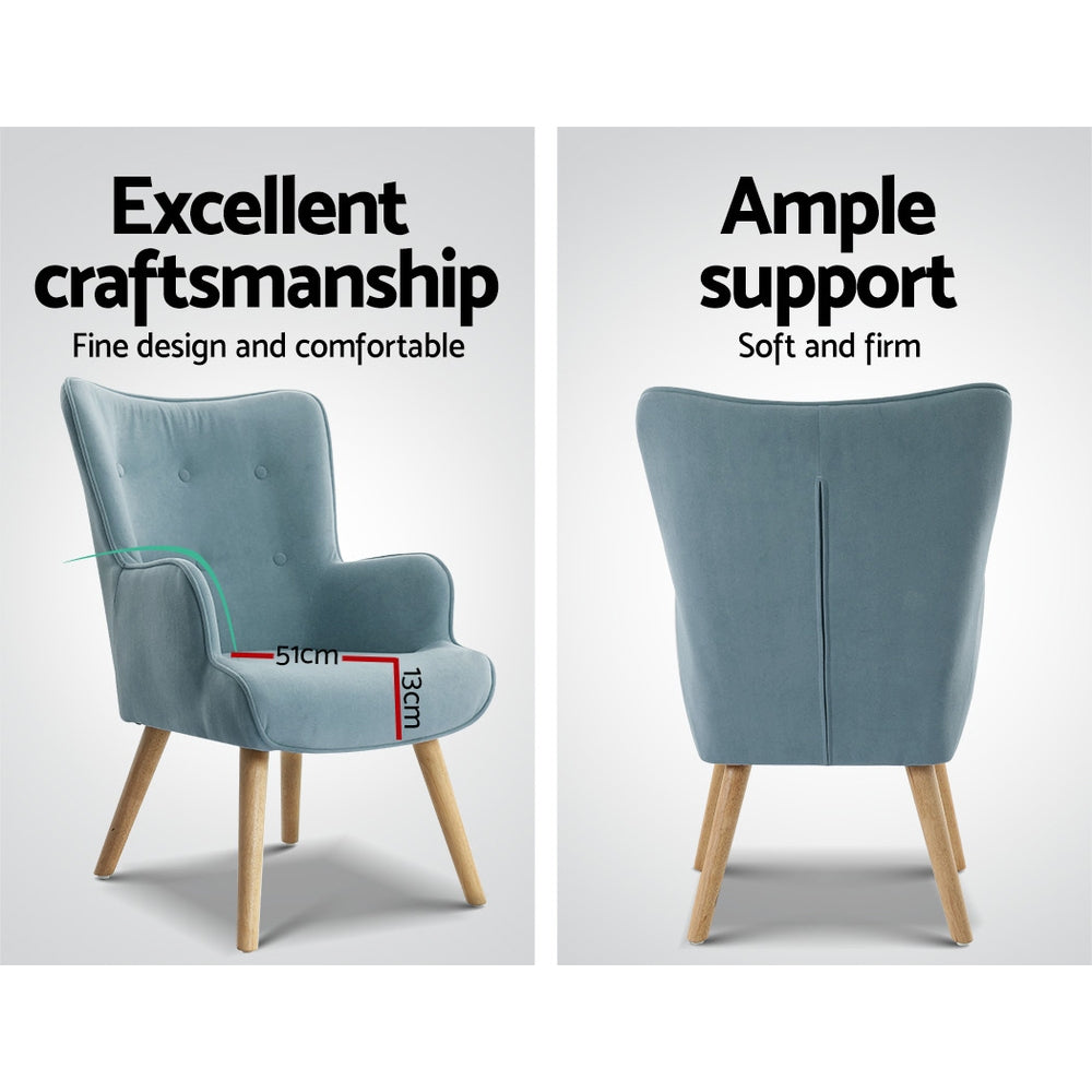 Artiss Armchair Lounge Chair Ottoman in blue with wooden legs showing craftsmanship and support