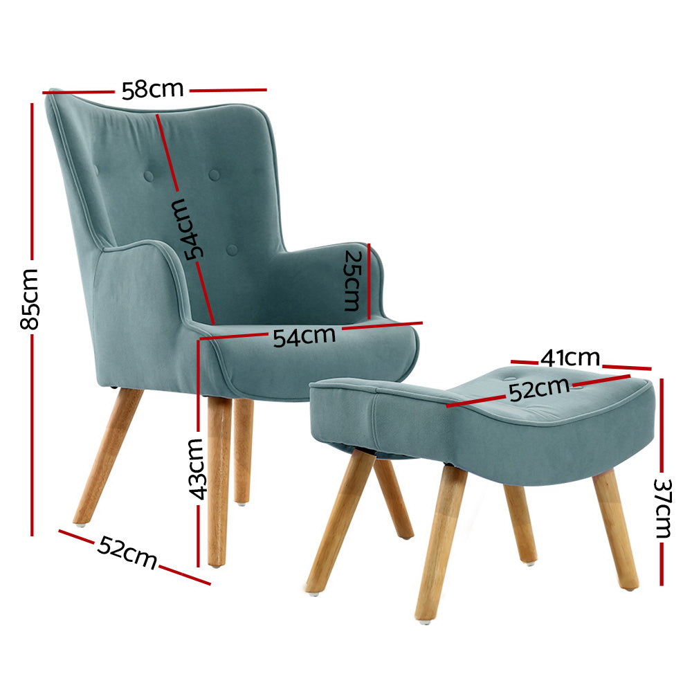 Artiss Armchair Lounge Chair Ottoman in blue with wooden legs and detailed dimensions by Nutshell