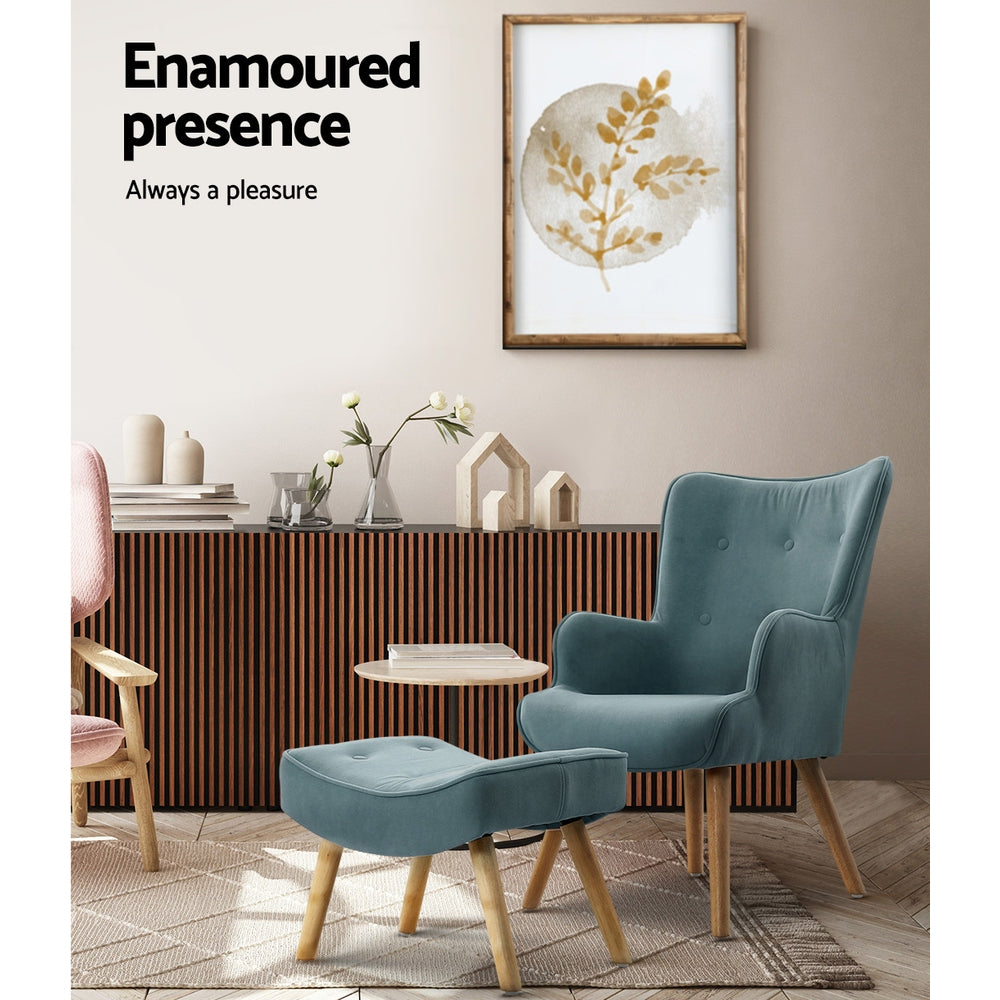 Artiss Armchair Lounge Chair Ottoman in teal fabric with wooden legs in a modern living room setting