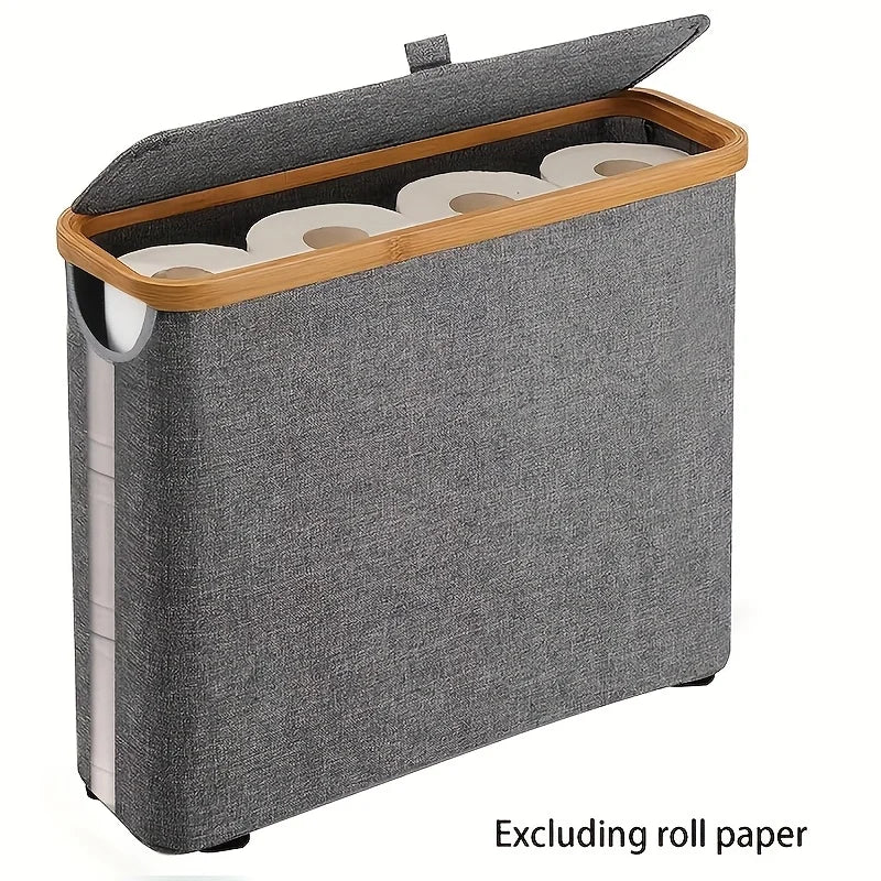 Nutshell bathroom organiser with fabric cover and bamboo toilet paper holder frame for multiple rolls