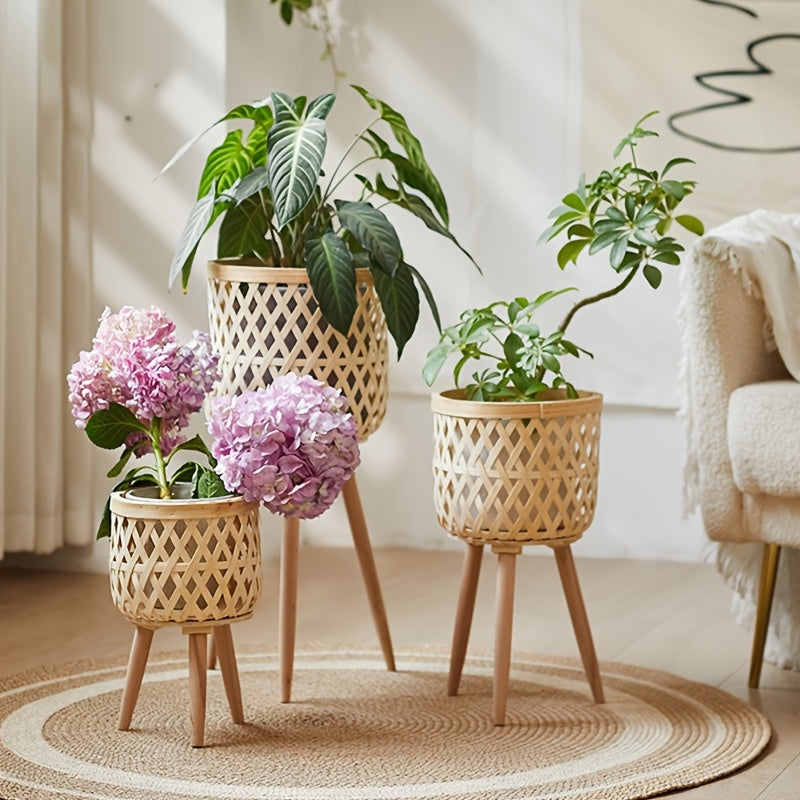 Bamboo Woven Flower Stand with legs showcasing vibrant plants in a stylish home setting