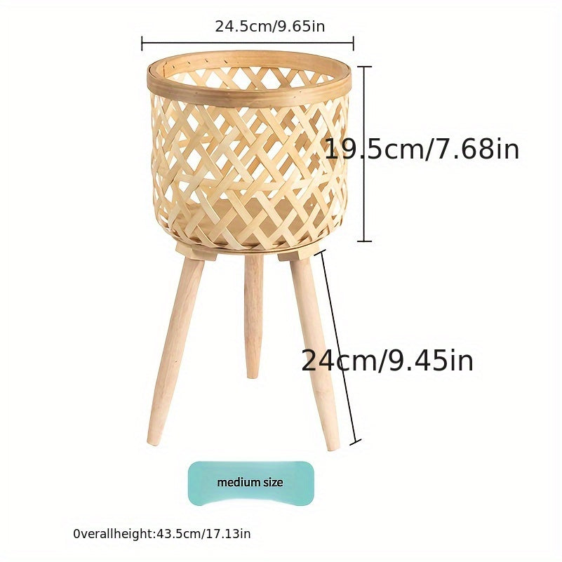 Medium Bamboo Woven Flower Stand with legs, showcasing a stylish design and measurements.