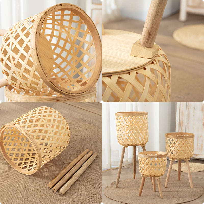 Bamboo Woven Flower Stand with legs in multiple views showcasing natural texture and design