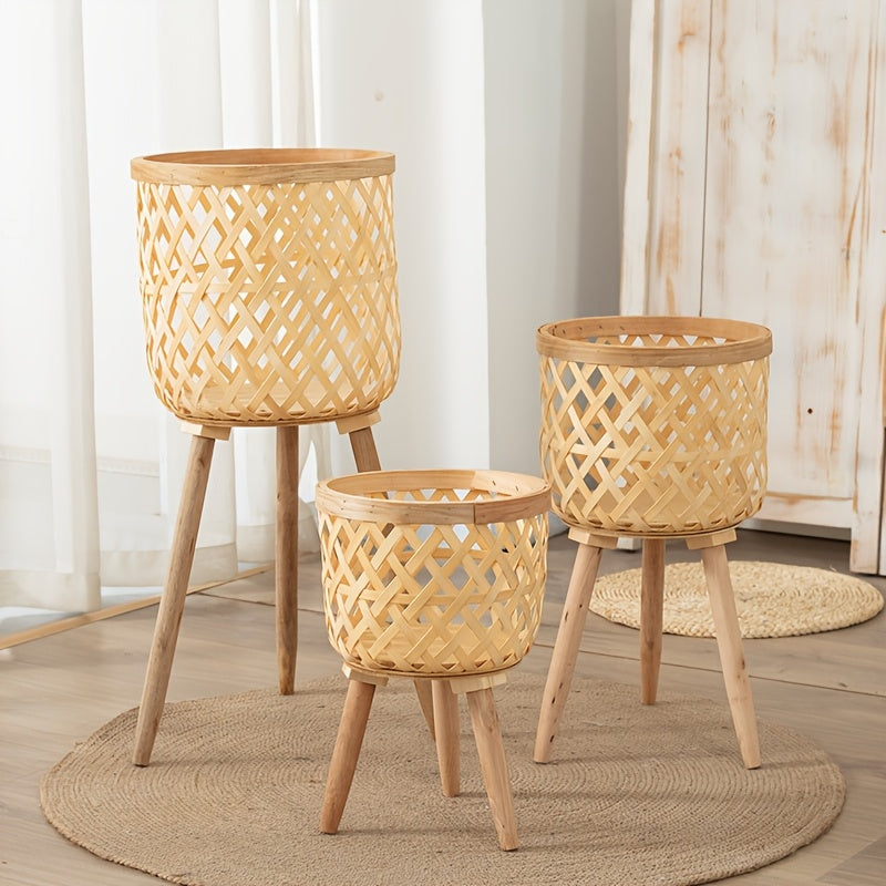 Bamboo Woven Flower Stand with legs in three sizes for stylish plant display