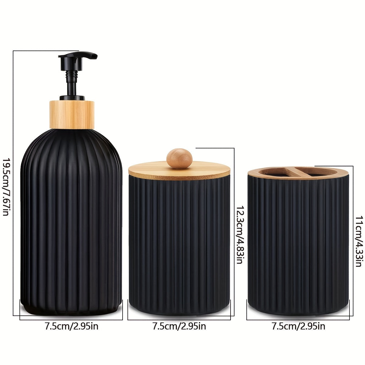 Nutshell Bathroom Dispenser Set featuring ribbed design with a soap pump, storage jar, and toothbrush holder
