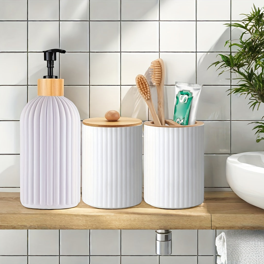 Nutshell Bathroom Dispenser Set featuring a lavender pump bottle and two white storage canisters