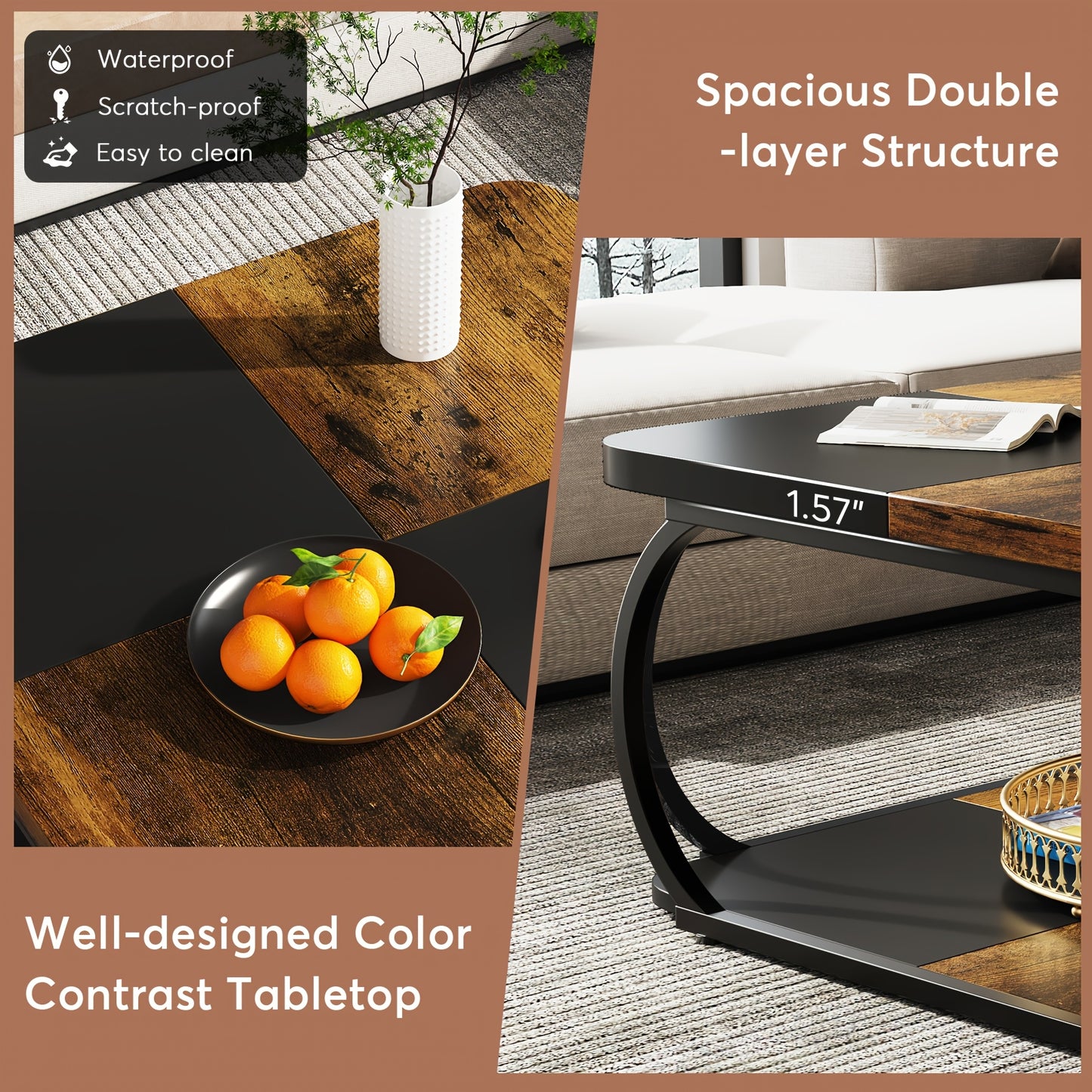 Nutshell 2 tier square coffee table with spacious double-layer structure and color contrast tabletop