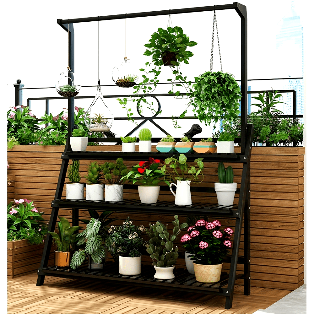 Black 3 Tier Wooden Pot Plant Stand Storage Rack with Various Potted Plants for Outdoor Gardens