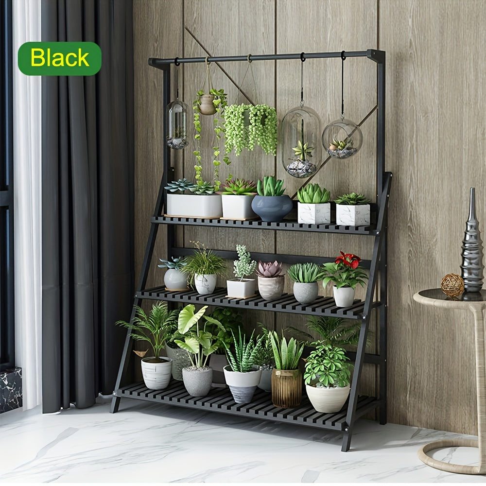 Black 3 Tier Wooden Pot Plant Stand Storage Rack displaying various indoor plants for home decoration