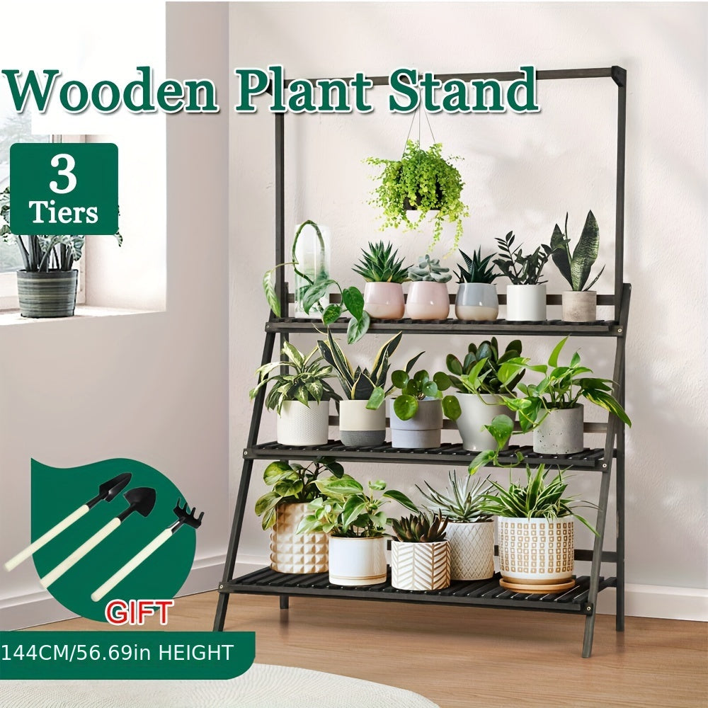 Black 3 Tier Wooden Pot Plant Stand Storage Rack with decorative pots and plants displayed indoors
