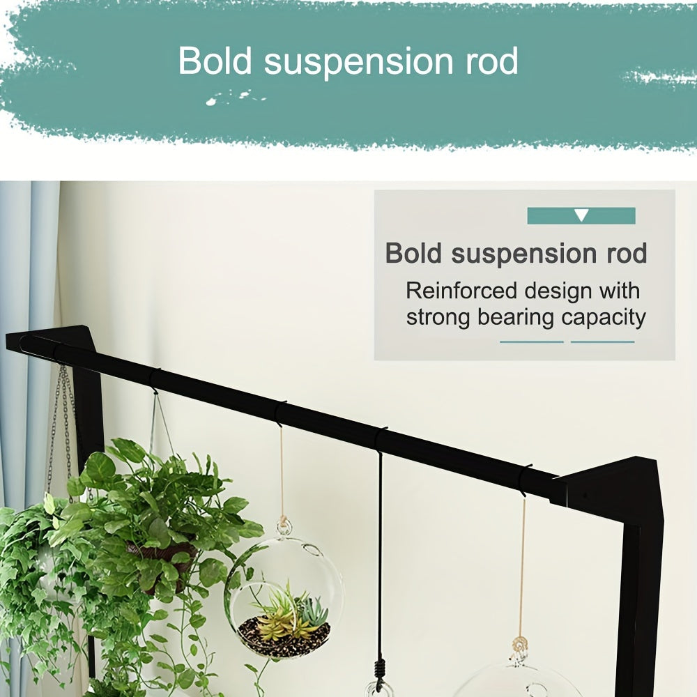 Black 3 Tier Wooden Pot Plant Stand Storage Rack with bold suspension rod for hanging plants