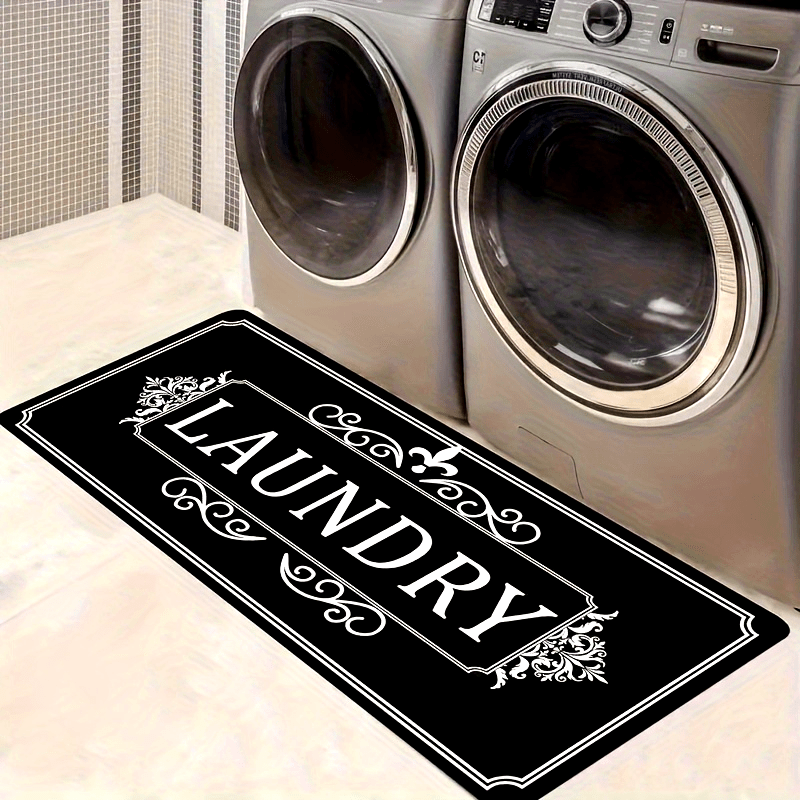 Elegant black laundry floor mat with decorative elements for stylish laundry rooms