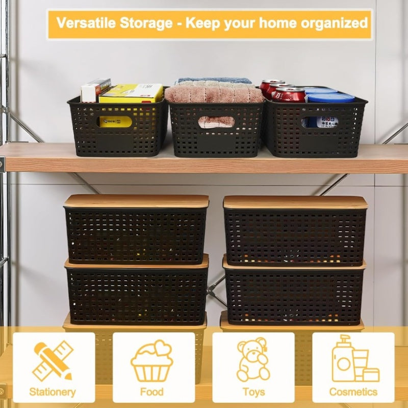 Nutshell black storage baskets with bamboo lid on a shelf, ideal for organizing various items