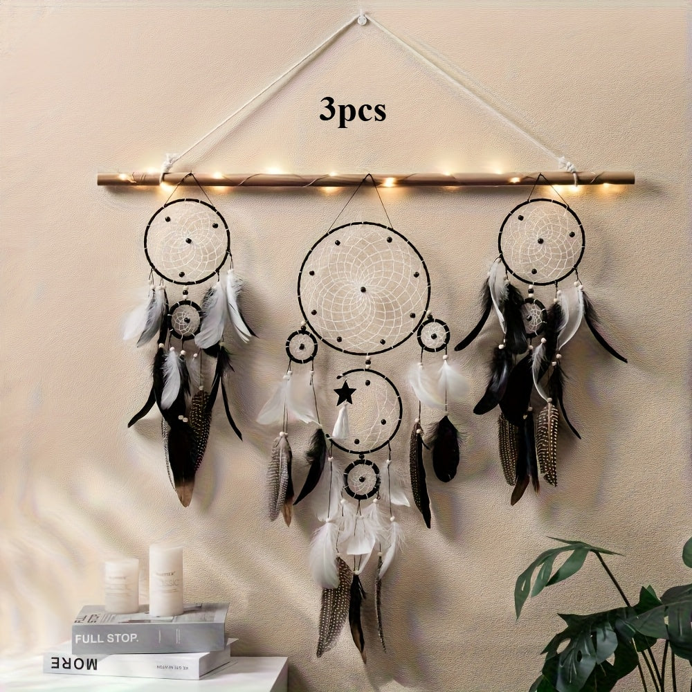 Bohemian dreamcatcher wall hanging set with three pieces featuring feathers and intricate designs