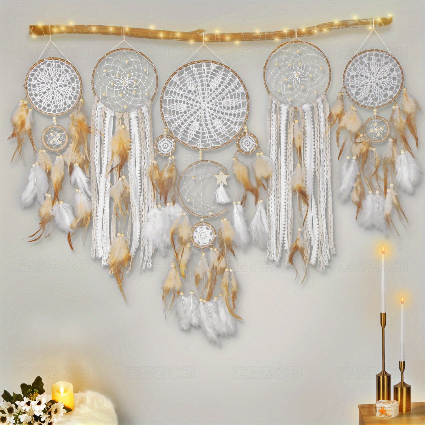 Nutshell bohemian dreamcatcher wall hanging with intricate designs and soft feathers for a cozy home decor
