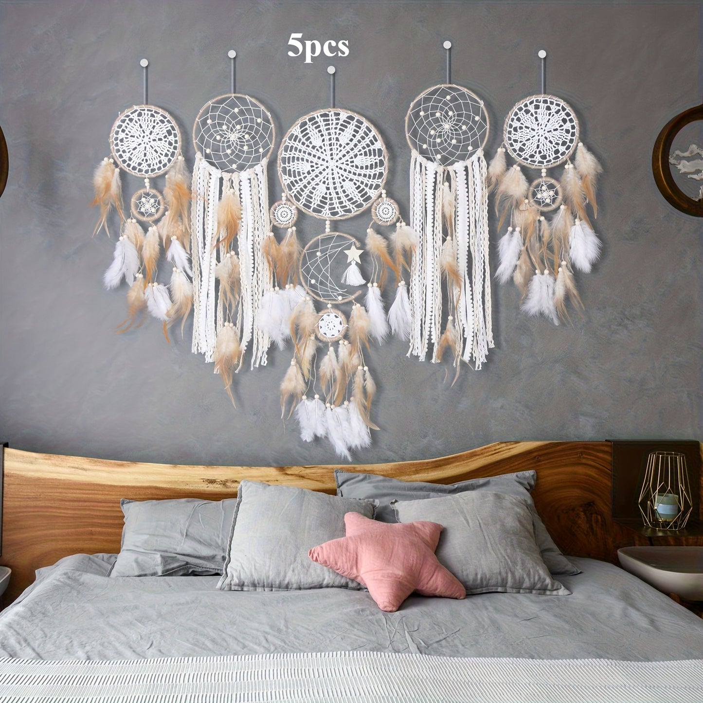 Bohemian dreamcatcher wall hanging set with five pieces, featuring intricate designs and feathers for home decor.