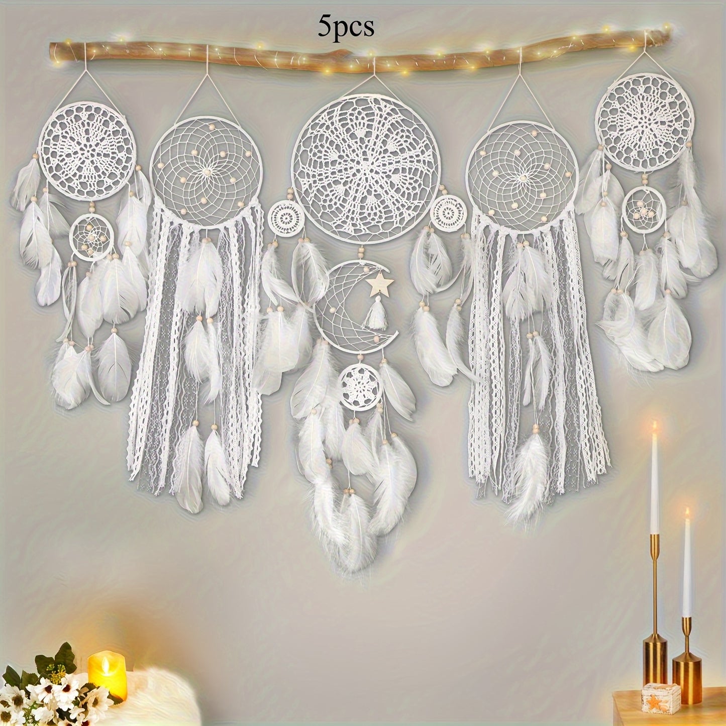 5-piece bohemian dreamcatcher wall hanging set with white feathers and intricate designs