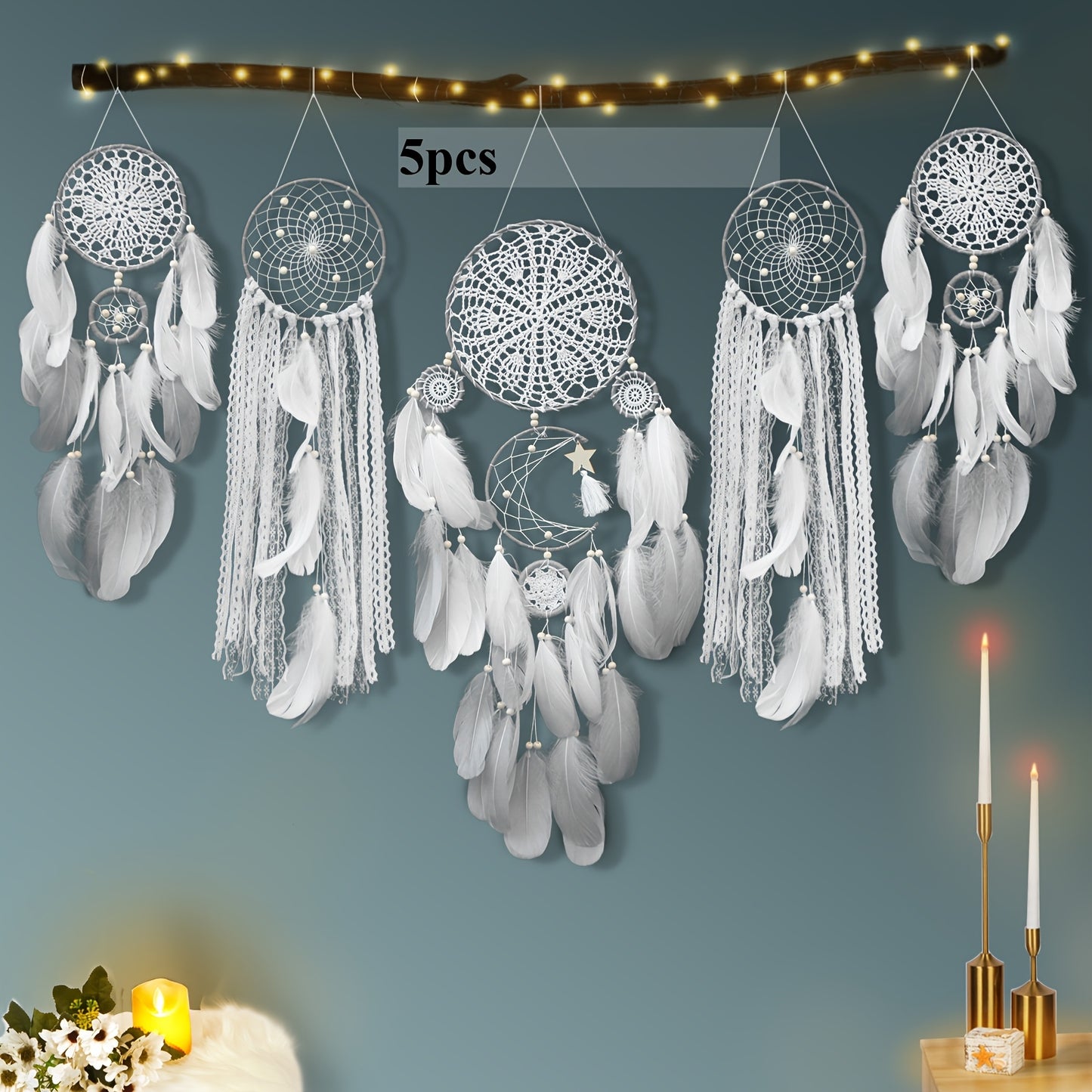 Five-piece bohemian dreamcatcher wall hanging set with intricate designs and feathers for stylish decor