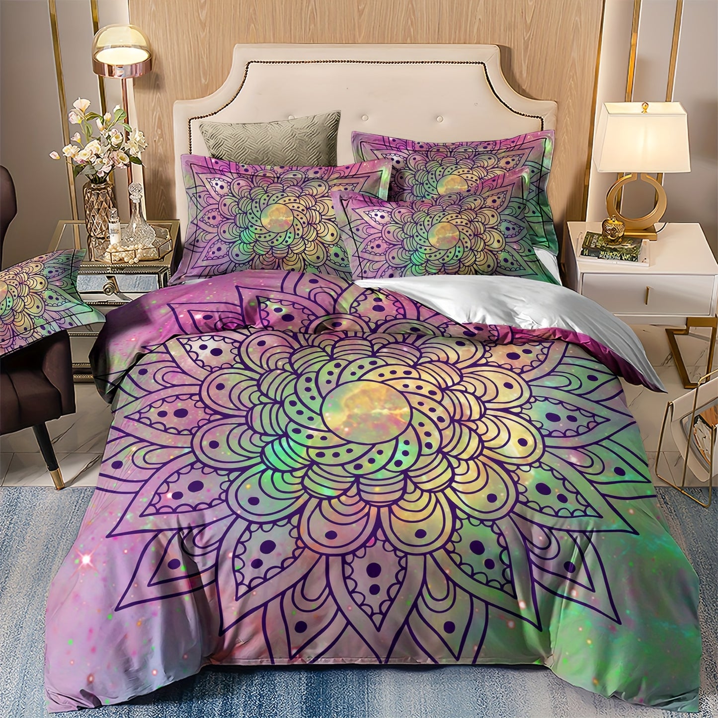 Nutshell bohemian mandala quilt cover in vibrant colors with intricate floral patterns for stylish bedding