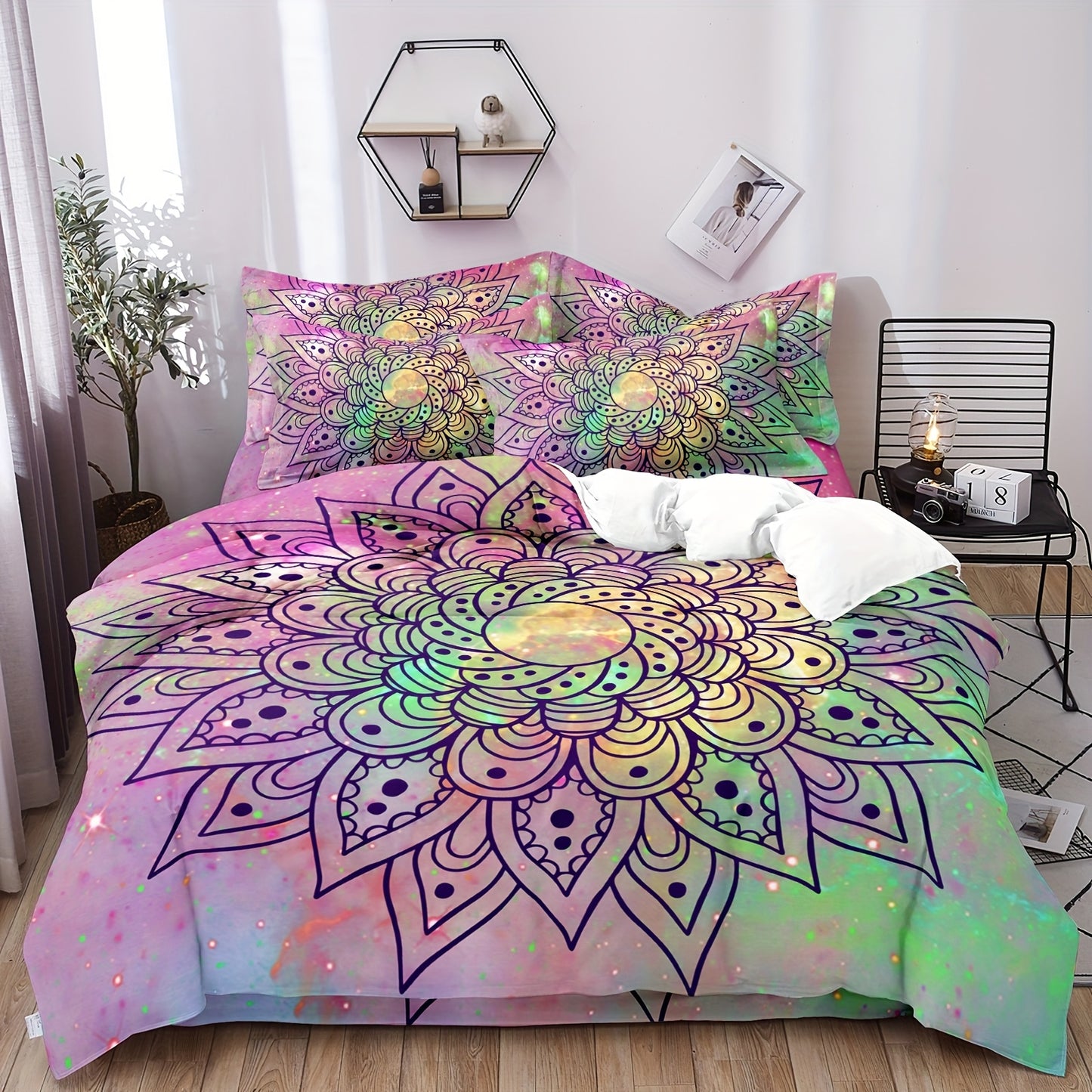 Nutshell bohemian mandala quilt cover in vibrant colors with matching pillow covers for a stylish bedroom decor