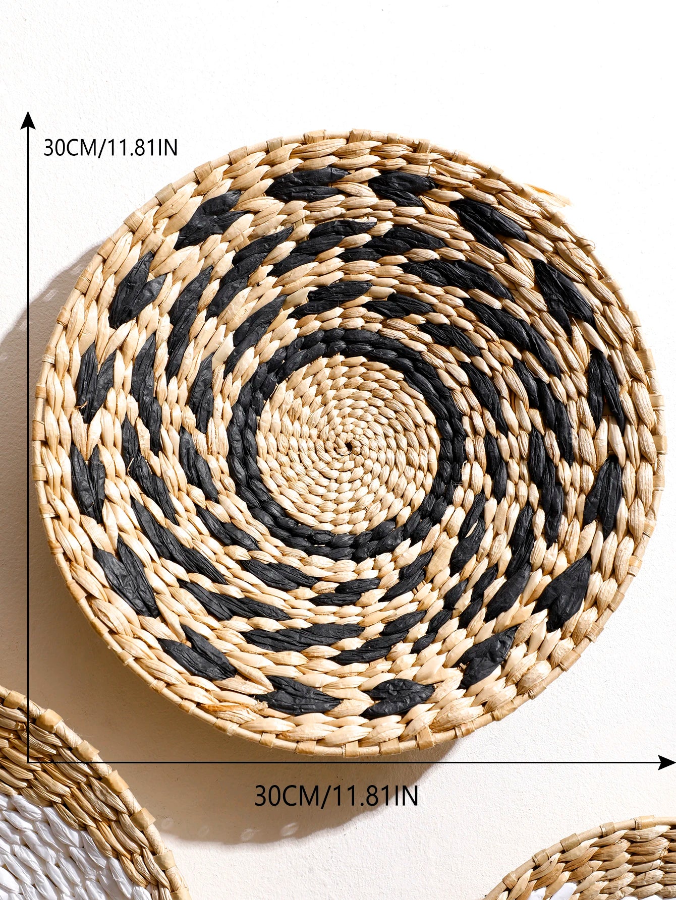 Nutshell round woven bohemian wall decor with black and natural colors 30cm diameter
