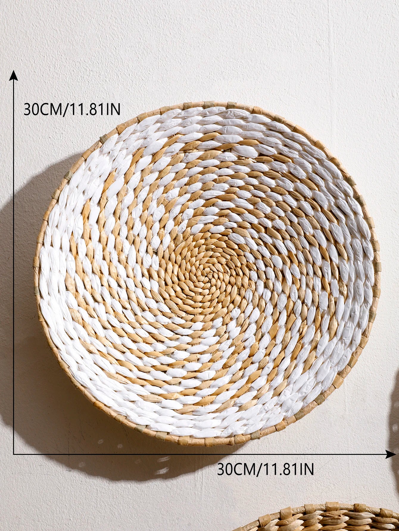 Nutshell woven round basket wall art in natural and white colors 30cm bohemian wall decor