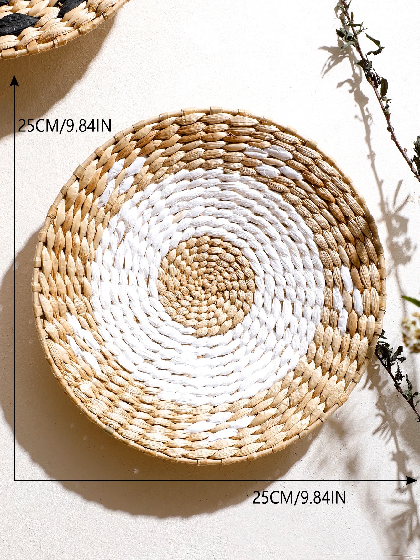 Nutshell round woven bohemian wall decor in natural and white colors 25cm diameter