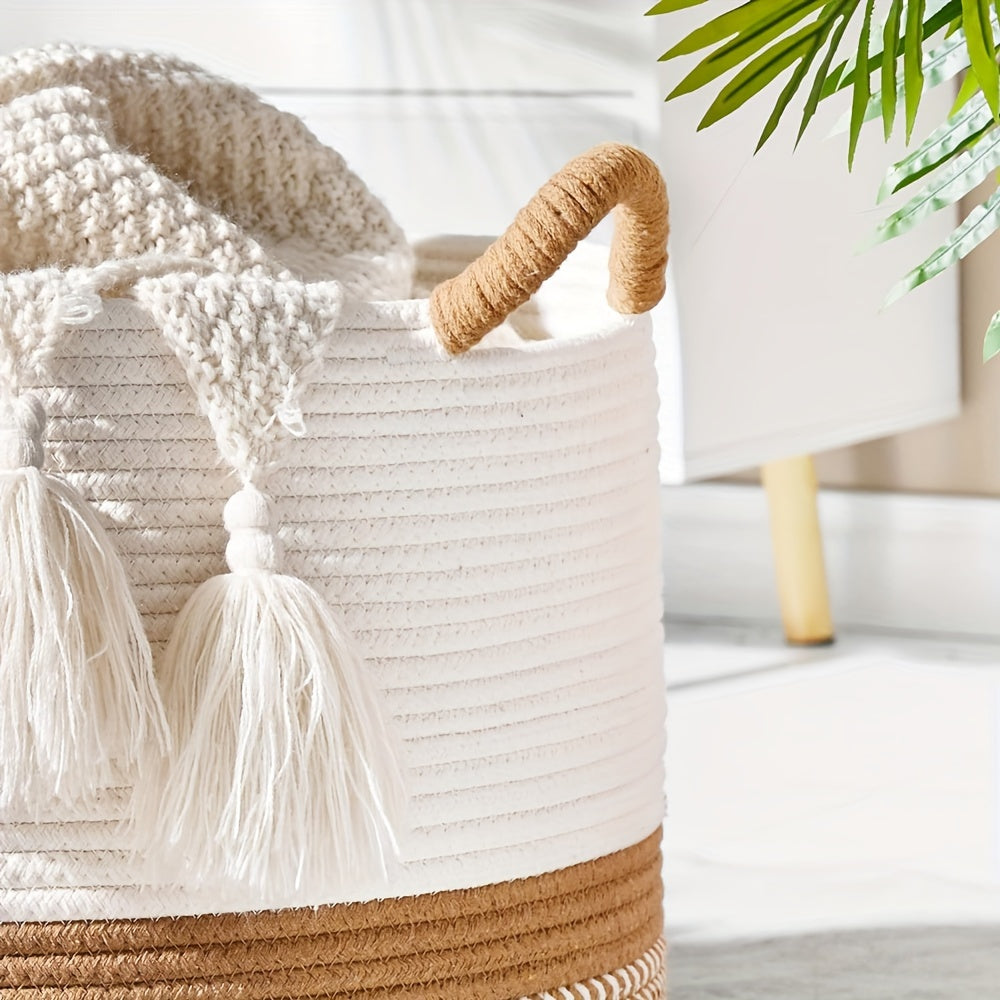 Boho Large Woven Storage Basket with Handles featuring a soft, knitted blanket and decorative tassels