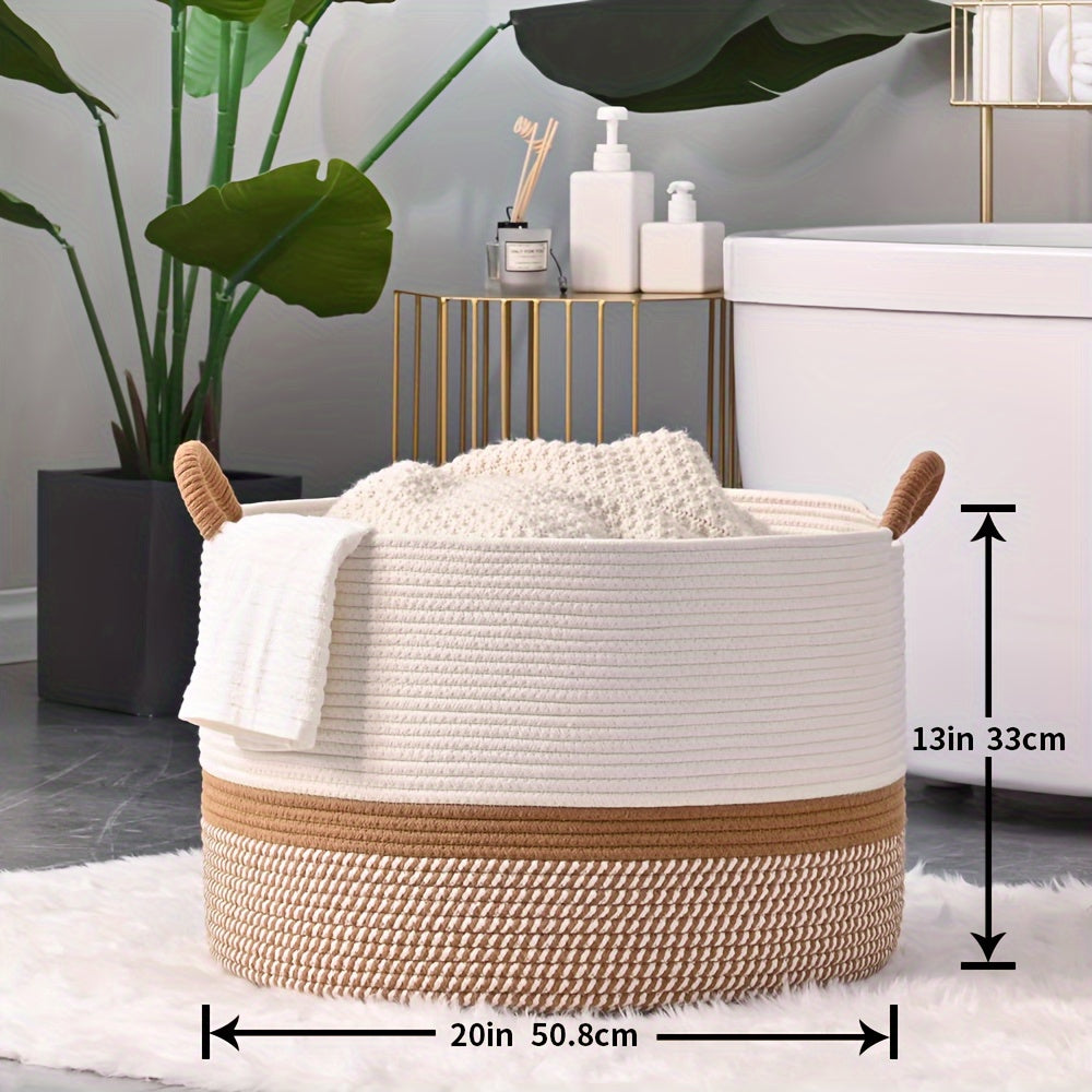 Boho Large Woven Storage Basket with Handles in White and Natural Colors for Stylish Home Organization