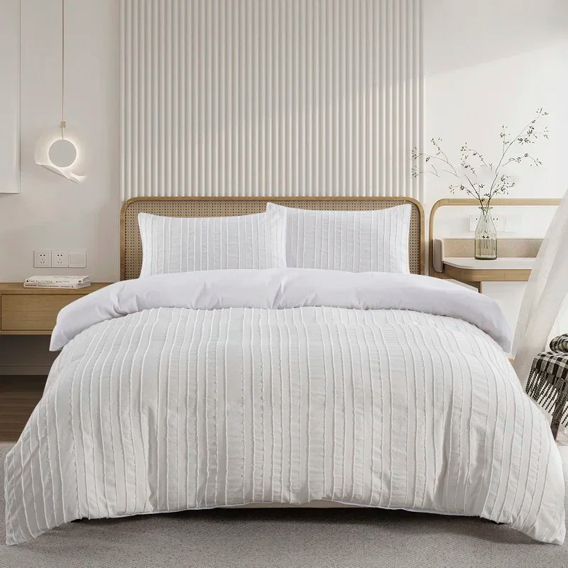 Boho Striped Duvet Cover Set White by Nutshell on bed with matching pillowcases in modern bedroom