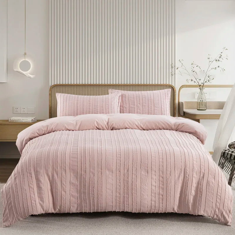 Boho Striped Duvet Cover Set - White with textured pink stripes on bed in modern bedroom